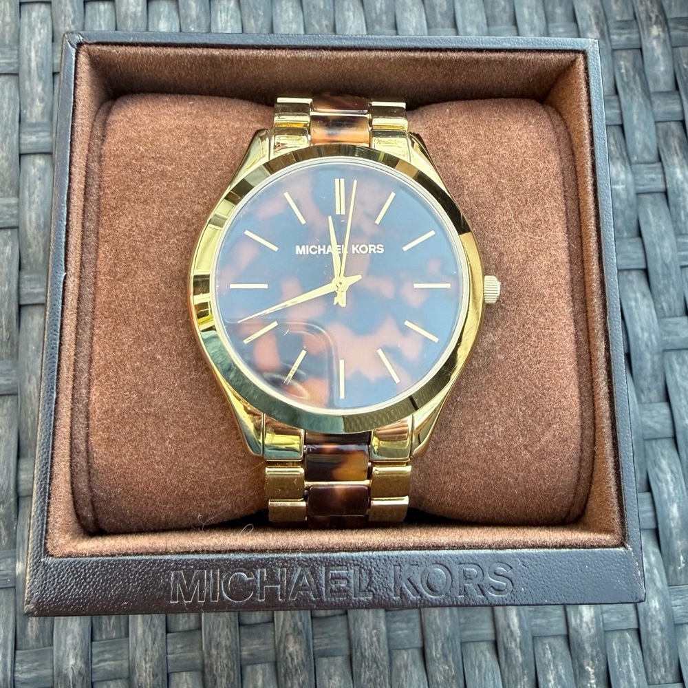 Michael Kors Gold and Tortoiseshell Link Watch